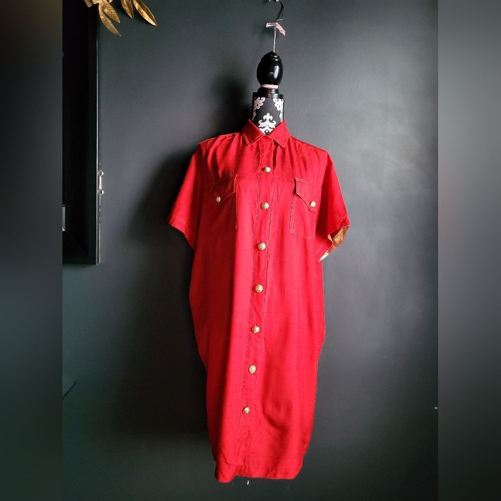 Adrianna Papell Bright Red Gold Button Down Midi Shirt Dress 100% Silk Sz 14